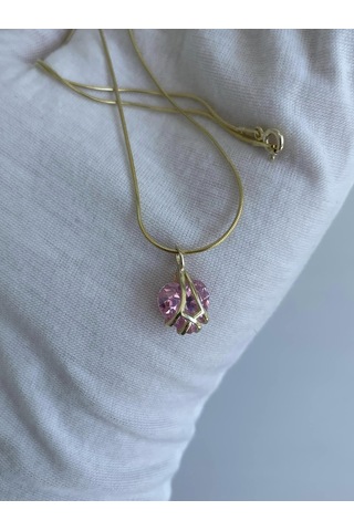 Pembe Kuvars Taşlı Sarı Gümüş Kolye Çok Renkli