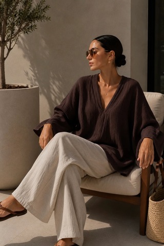 Bbbutikbasic Kadın Müslin Oversize Bluz Salaş Kesim Yazlık Basic Ceket My3535 Kahverengi