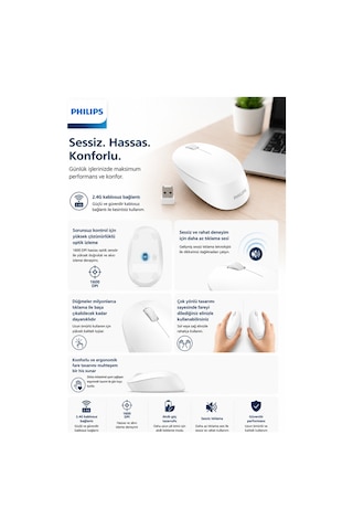 Philips SPK7307WL/00 Kablosuz Optik Mouse 2.4GH 1600 DPI Sessiz Tıklama Ergonomik Beyaz