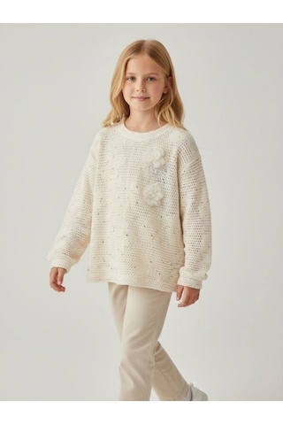Zekids Kız Çocuk Ajur Desenli Şık Triko Tasarım Bluz-17142 Ekru