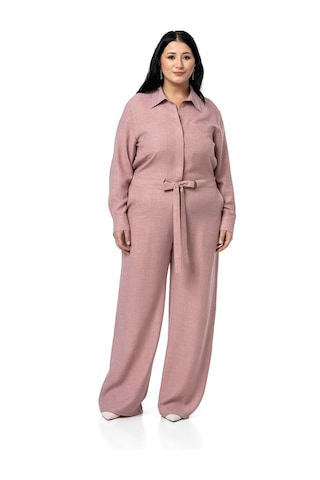 Büyük Beden Beli Tünelli Ve Arkadan Lastikli Geniş Paça Pembe Tulum Pembe