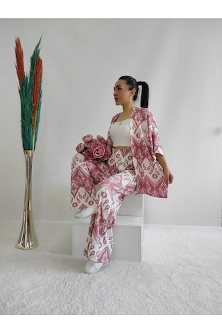 İpli Pembe Renk Desenli Ikili Kimono Takım Rahat Kalıp Pembe
