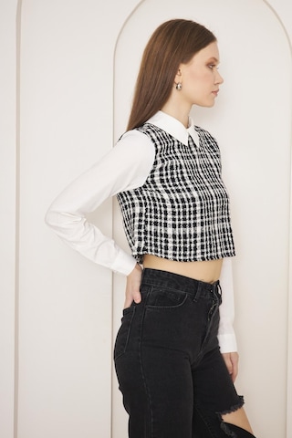 Darlin Moda Siyah Tweed Gömlek Yaka Crop Bluz Dm9002 Siyah