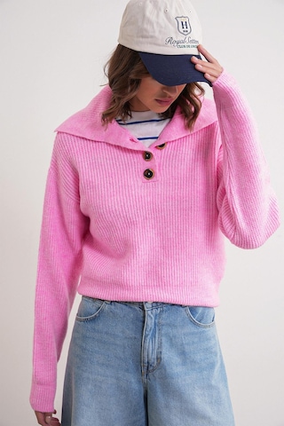 6900 Kadın Düğmeli Devrik Yaka Triko Kazak Pembe Pembe