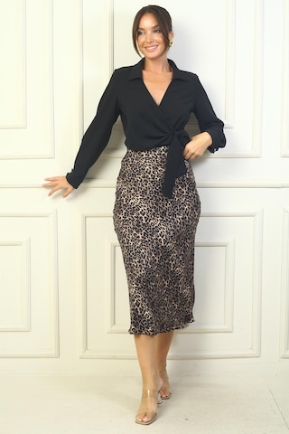 Beli Lastikli Leopar Desen Kloş Saten Etek-39127-kahve Kahve