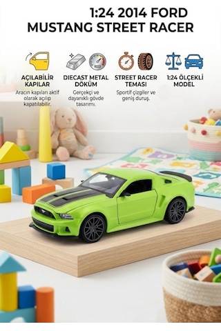Maisto Lisanslı Metal Ford Mustang Street Racer 2014 1:24 Kapıları Açılabilir Oyuncak Model Araba Yeşil