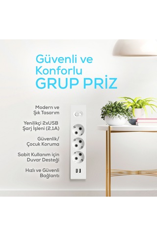 Günsan Elektrik 2 Usb'li 3'lü Çocuk Korumalı Topraklı Anahtarlı Grup Priz 3 Metre - 01351130-303310n11