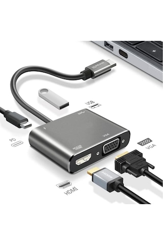 Go İthalat 4 Ü 1 Arada Type-c To Hub Dönüştürücü Adaptör 4k Ultra Hd Hdmı & Amp Vga Görüntü Ak