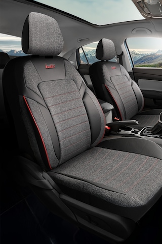 Siyah - Kırmızı Butti Lino Serisi Keten Kumaş Premium Oto Koltuk Kılıfı Ortopedik Destekli, Ön Arka Tam Set