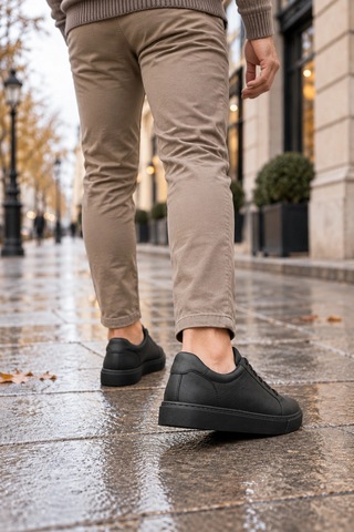 Mevese Etile Bağcıklı Cilt Erkek Günlük Sneaker Ayakkabı - Kömür
