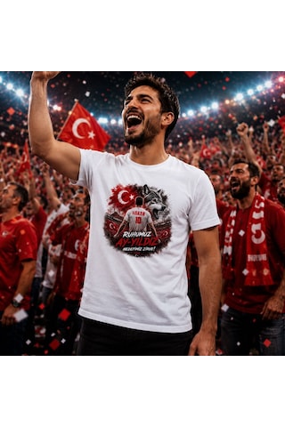 Bk Gift Kişiye Özel Türkiye Taraftar Temalı 2026 Dünya Kupası Tasarımlı Tişört-4, Tek Yürek Milli Takım Ruhu Beyaz