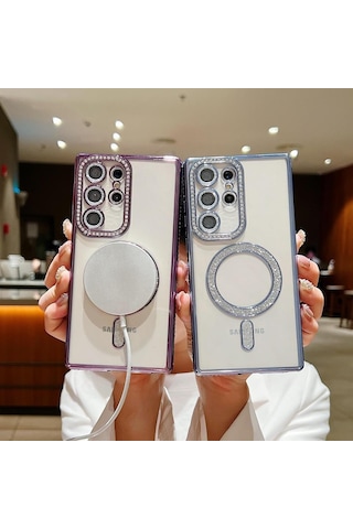 Samsung Galaxy S25 İçin Magsafe İle Uyumlu Kılıf Simli Kamera Kenar Taşlı Kapak Mavi