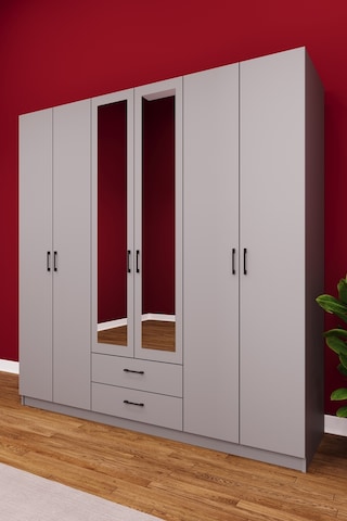 Asra Trend 6 Kapaklı Gardırop G-05 %100 MDF 2 Çekmeceli Aynalı Elbise Dolabı Kül Gri