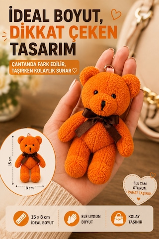 1 Adet Turuncu Peluş Ayıcık Anahtarlık 15x8 Cm Çanta Sırt Çantası Anahtar Aksesuar Sevimli Fiyonk