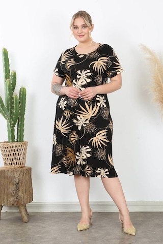 Kadın Siyah Vizon Floral Desen Midi Elbise Siyah