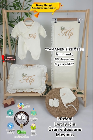 Gros Shop Müslin Yeni Doğan 4katlı Organik %100pamuk Kişiye Özgü Nakışlı Hastane Çıkış Seti-dal Model Ekru
