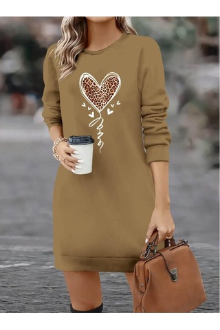 Kadın Uzun Kollu Bisiklet Yaka Kalp Desenli Kısa Viskon Elbise Bej