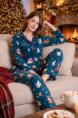 Nisanca Kışlık Yılbaşı Desenli Kadın Gömlek Polar Pijama Takımı- Geyikli Yılbaşı Pijaması- Büyük Beden Pijama Yesil