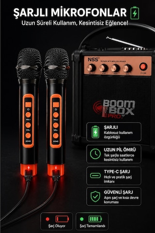 Nss Ns-992mıc Boombox Pro Kablosuz Karaoke Hoparlör Fm Radyo 2 Adet Mikrofon
