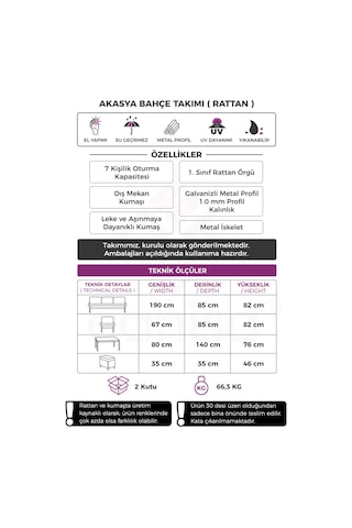 Canisa Akasya Serisi 1. Sınıf 3+1+1+2 Puf Beyaz Rattan Cappucıno Minder Bahçe Balkon Oturma Koltuk Takımı