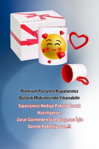 Kalp Emoji Baskılı Kalpli Kırmızı Kupa Bardak Çay Kahve Fincanı Beyaz