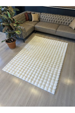 Aries Home Tavşan Tüyü Yumuşak Keçeleşmez Dekoratif Bubble İthal Kalite Post Halı Beyaz
