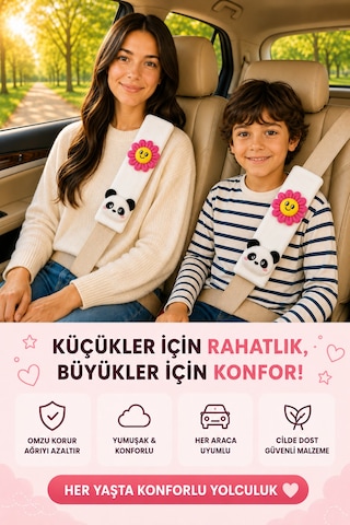 Papatya Ve Pandalı Emniyet Kemeri Aksesuarı - Emniyet Kemeri Kılıfı - Araç Emniyet Kemeri Omuz Koruyucu 1 Adet