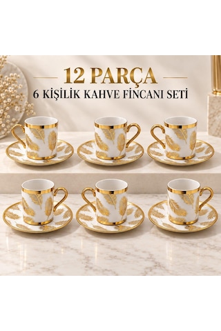 Valkyrie 12 Parça 6 Kişilik 80 Ml Türk Kahvesi Fincan Takımı Gold Yaprak Desenli K654-b