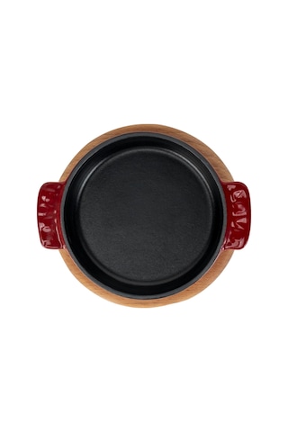 Lava Döküm Yuvarlak Güveç Kabı Döküm Demir Yekpare Çift Kulplu Kayın Servis Ahşabı Çap Ø 14cm. Bordo