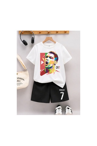Stil-x Ronaldo Baskılı Erkek Çocuk Şort Takım Beyaz-siyah5