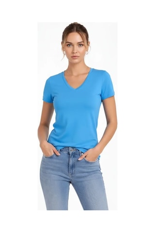 Hazego T-shirt V Yaka Slim Fit Likralı Tişört Günlük Basic Body - Açık Mavi