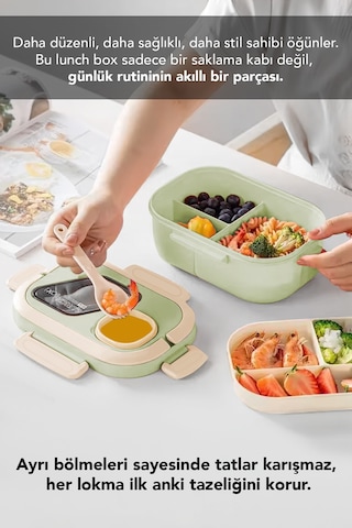 Bondie Kilitli Kapak Yemek Kabı - 2 Katlı Bölmeli Kaşık Ve Sosluklu Lunch Box Beslenme Kutusu Yeşil