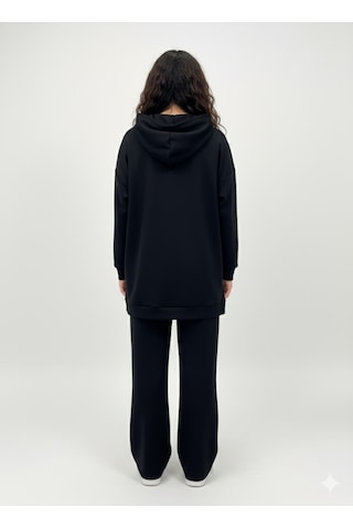 Soft&Basic Kapüşonlu Yanları Çıt Çıt Detaylı Sweatshirt Ve Nervürlü Pantolon Alt Üst Takım Siyah