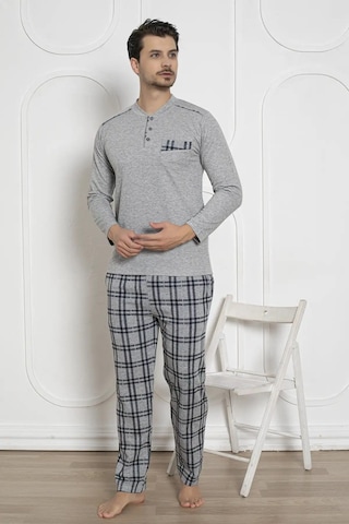 Erkek Ekose Desen Likralı Pamuk Uzun Kol Kışlık İnterlok Göğüs Cepli Pijama Takımı Gri