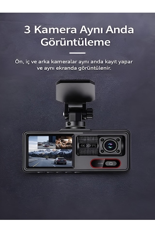 Araç İçi Kamera 4k 30fps Dvr 3 Kameralı Lcd Ekranlı Gece Görüşlü Araba Kamerası