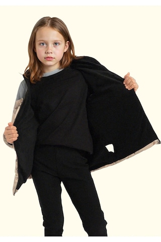 Kız Çocuk Pusula Desen Polar Su Ve Rüzgar Geçirmez Kapüşonlu Şişme Kışlık Mont Bej