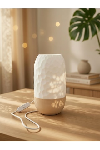 Modern Ribbed Dokulu Gece Lambası - Işık Led Abajur Yatak Başı Dekoratif Lamba Bej-beyaz