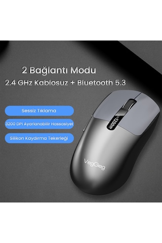 Veggieg G900 Dual-mode Bluetooth 5.3 Ve 2.4ghz 3600dpı Ekranlı Şarjlı Optik Kablosuz Mouse Siyah -