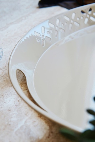 Metal Oval Servis Tepsisi, Büyük Tepsi, Çay Kahve Tepsisi Desenli