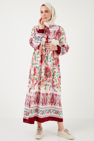 Lela Modest Desenli Regular Fit Bağlamalı V Yaka Maxi Bayan Elbise 611El510 Bordo