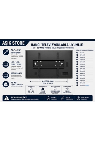 Sabit Tv Askı Aparatı 50 95" Vesa 900 600 75 Kg