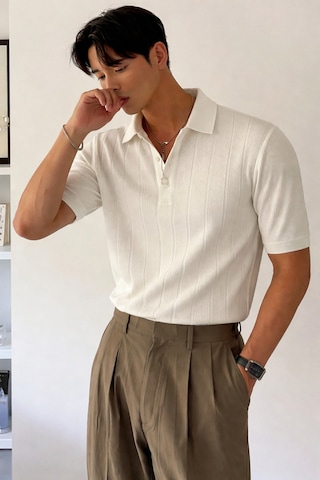 Tarz Cool Erkek Triko Polo Yaka Tişört Slim İnce Dokulu Şık Basic Triko T-shirt Beyaz
