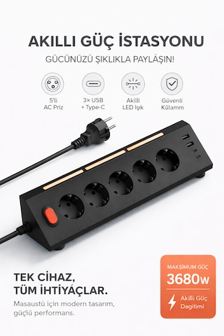 Akıllı Priz Termal Korumalı 5 Li Priz 3680w Led Işıklı Çoklu Çoklu Akım Prizi Usb Usb-c 0.2 M