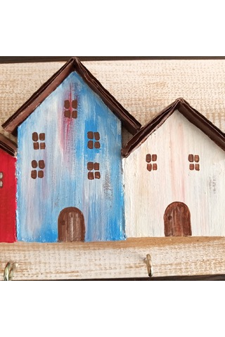 El Boyaması Ev Figürlü Ahşap Duvar Anahtarlığı Çok Renkli