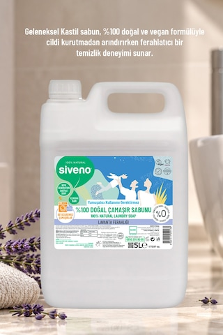 Siveno %100 Doğal Sıvı Kastil Sabun Lavanta Yağlı Cildi Rahatlatıcı Nemlendirici Bitkisel Vegan 5 L