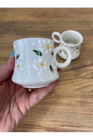 3'lü Papatya Desenli El Yapımı Seramik Kupa, Mug, Türk Kahvesi