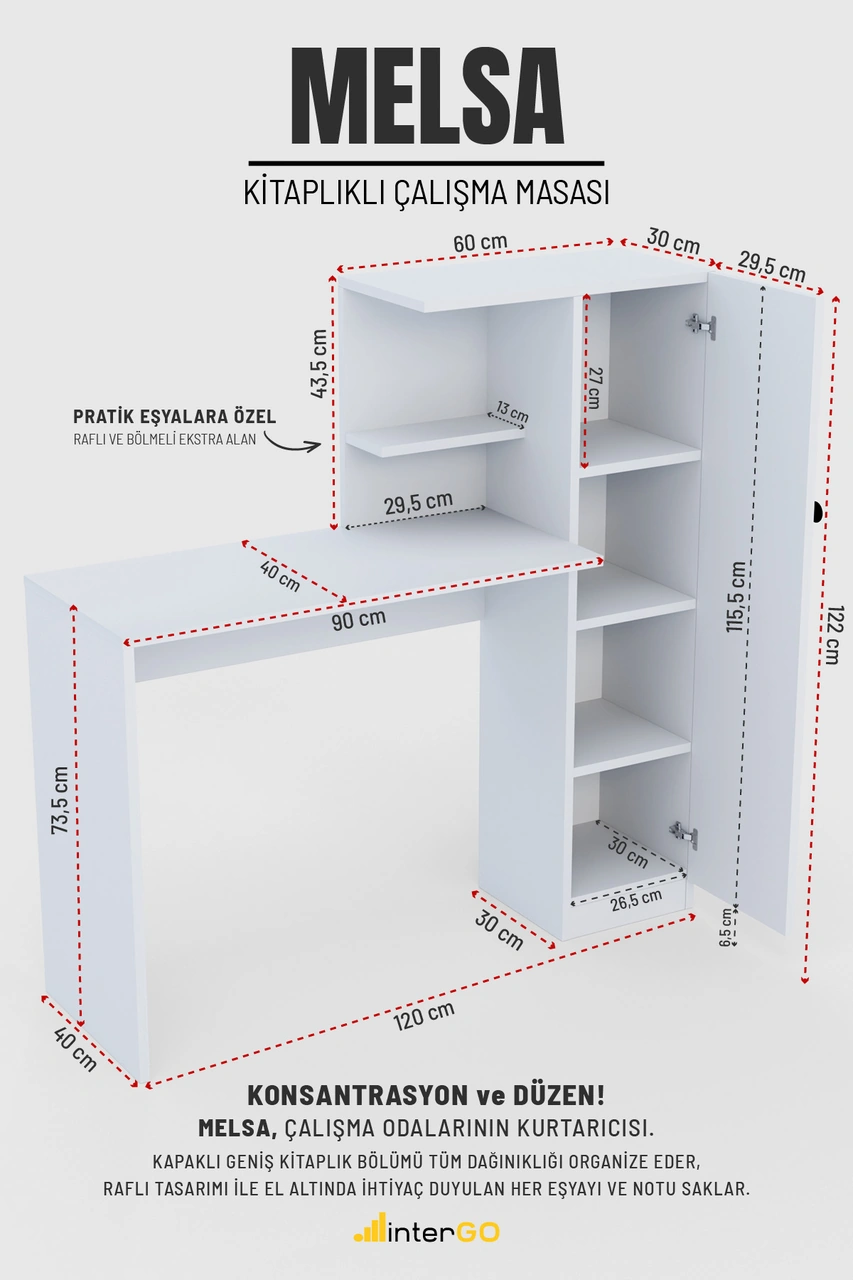 Melsa Çalışma Masası Dolaplı Ve Kitaplıklı Bilgisayar Masası, Çocuk Çalışma Masası Beyaz Beyaz