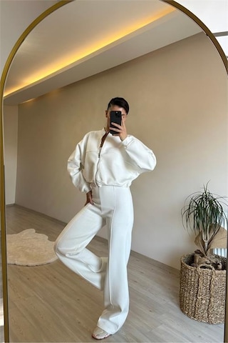 Neşeli Butik Kadın Fermuarlı Oversize Sweat Ve Yüksek Bel Eşofman Takımı Nm018 Ekru