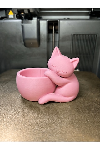 3d Baskı Sarılan Kedi Saksı - Sevimli Dekoratif Saksı - Pembe -