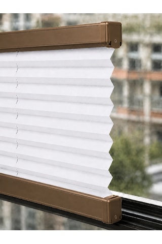 Plise Perde Beyaz Kumaş + Bronz Profil Kasa Cam Balkon Perdesi
